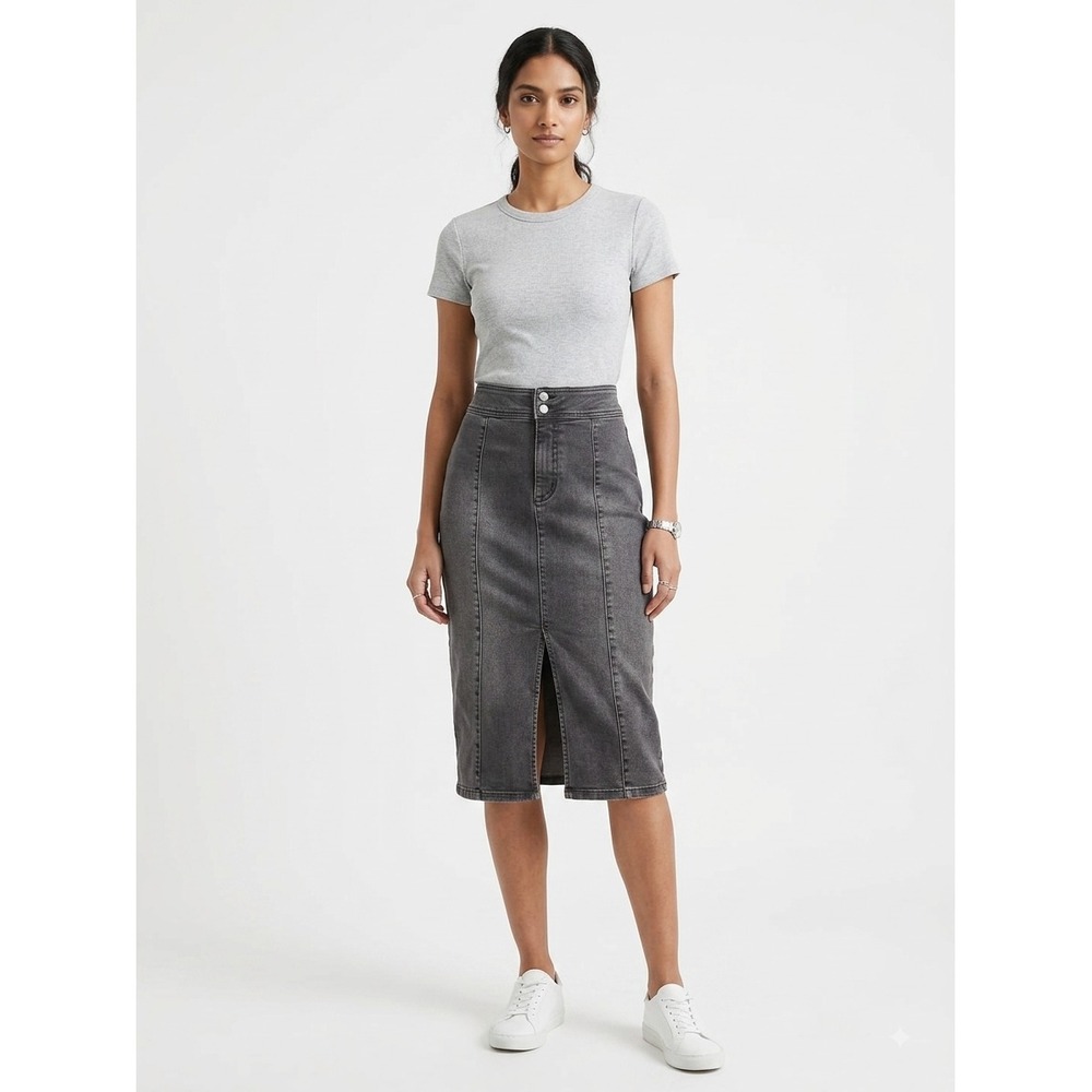 We The Free Maddie Midi Skirt Womens 27R Charcoal Gray Denim Slit Hem Stretch